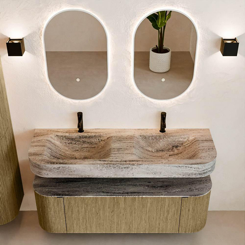 MONDIAZ THOR-DLUX 140cm meuble de salle de bains arrondi gauche + droite couleur Dusk avec 1 tiroir et 2 portes. Vasque suspendue CLOUD Double 2 trous de robinet couleur Oza. SW1464289