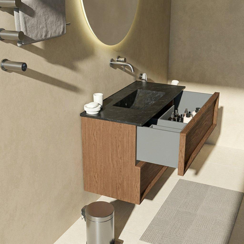 Saniclass Holz Frame Ensemble meuble de salle de bains - 100x45x62cm - Vygo lavabo en céramique noir - 1 vasque - sans trou de robinetterie - 2 tiroirs - mat walnut pure (bois) SW1580010