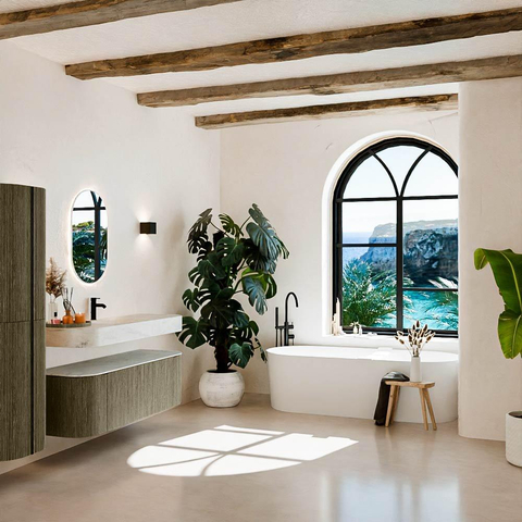 MONDIAZ THOR-DLUX 140cm badmeubel ronding links + rechts kleur Shadow met 1 lade en 2 deuren. Vrijhangende wastafel CLOUD Midden 1 kraangat kleur Opalo. SW1464164