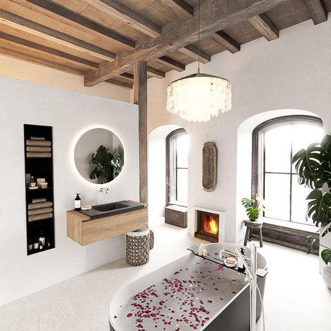 Mondiaz BUKLA Ensemble de meuble - 100x45x34cm - 0 trous de robinet - lavabo centré - solid surface - Urban - sans poignée - 1 tiroir - Mélamine - Chêne blanchi SW704792