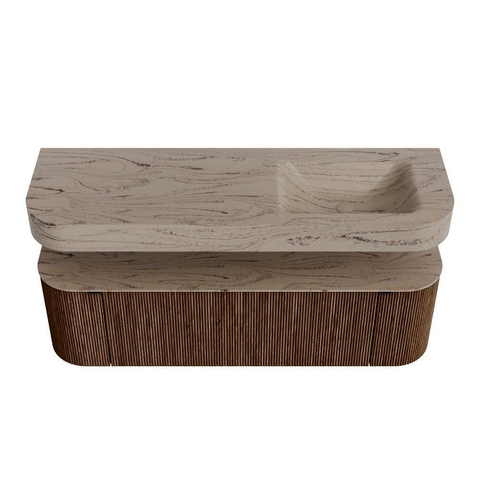 MONDIAZ THOR-DLUX 150cm badmeubel ronding links + rechts kleur Walnut met 1 lade en 2 deuren. Vrijhangende wastafel CLOUD Rechts zonder kraangat kleur Arena. SW1464722