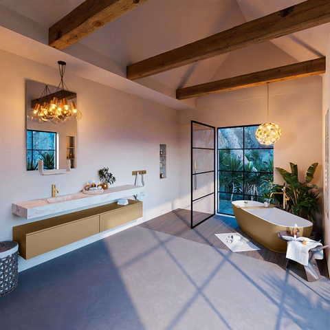 Mondiaz ALAN-DLUX Ensemble de meuble - 200cm - meuble Oro mat - 2 tiroirs - Lavabo Cloud Frappe suspendu - vasque Gauche - 1 trou de robinet SW805250