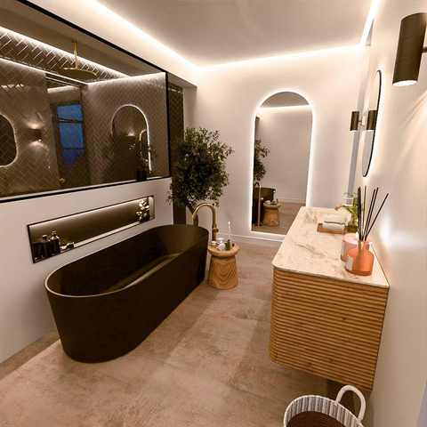 Mondiaz CIRO-DLUX Ensemble de meubles de salle de bains - 150x45x50cm - Vasque solid surface Frappe - 1 lavabo à gauche - 1 trou de robinet - 4 tiroirs - Chêne SW1530875