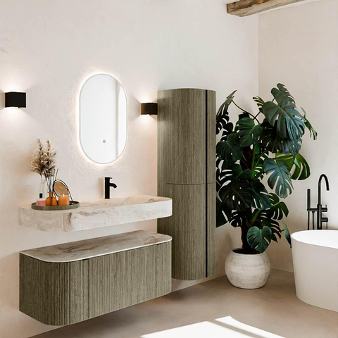 MONDIAZ THOR-DLUX 110cm badmeubel ronding links + rechts kleur Shadow met 1 lade en 2 deuren. Vrijhangende wastafel CLOUD Rechts 1 kraangat kleur Frappe. SW1462891