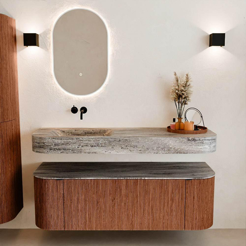MONDIAZ THOR-DLUX 140cm meuble de salle de bains arrondi gauche + droite couleur Ruby avec 1 tiroir et 2 portes. Vasque suspendue CLOUD Gauche sans trou de robinet couleur Oza. SW1464279