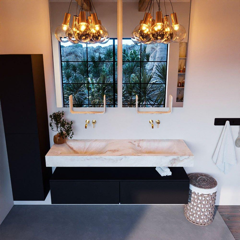 Mondiaz ALAN-DLUX Ensemble de meuble - 150cm - meuble Urban mat - 2 tiroirs - Lavabo Cloud Frappe suspendu - vasque Gauche et droite - 0 trous de robinet SW805672