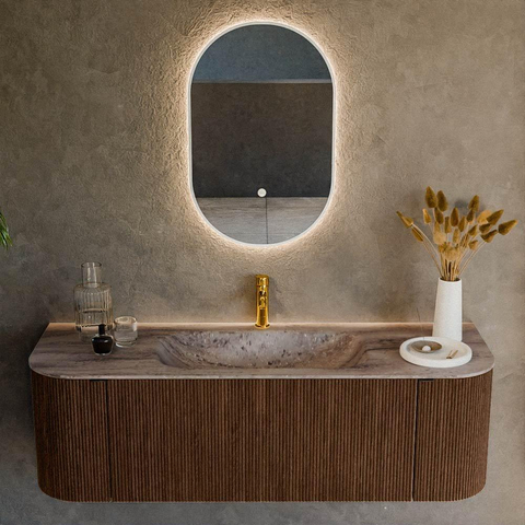 MONDIAZ KURVE-DLUX Meuble de salle de bains 140 cm arrondi gauche + droite couleur Walnut avec 1 tiroir et 2 portes. Lavabo BIG SMALL central 1 trou de robinet Oza. SW1432746