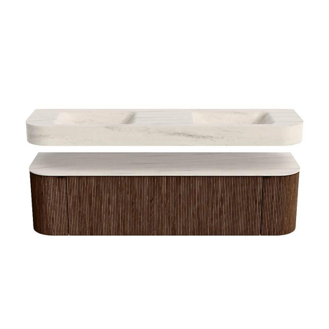 MONDIAZ THOR-DLUX Meuble de salle de bains 170cm arrondi gauche + droite couleur Walnut avec 1 tiroir et 2 portes. Vasque suspendue CLOUD Double 2 trous de robinet couleur Meli. SW1465761