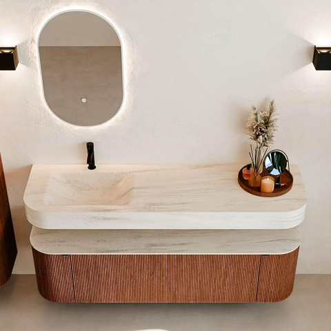 MONDIAZ THOR-DLUX 160cm meuble de salle de bains arrondi gauche + droite couleur Ruby avec 1 tiroir et 2 portes. Vasque suspendue CLOUD Gauche 1 trou de robinet couleur Meli. SW1465043