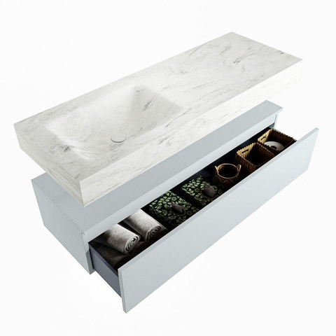 Mondiaz ALAN-DLUX Ensemble de meuble - 130cm - meuble Clay mat - 1 tiroir - Lavabo Cloud Opalo suspendu - vasque Gauche - 1 trou de robinet SW807026