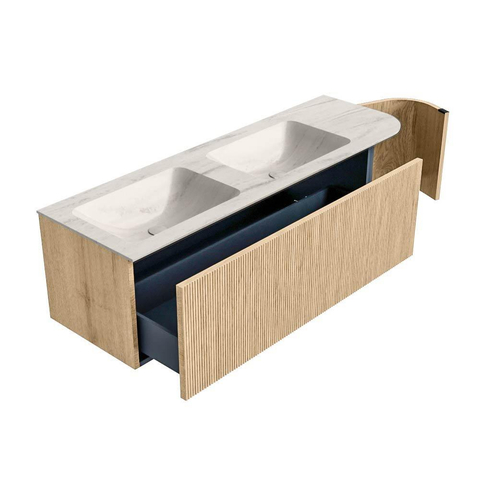MONDIAZ KURVE-DLUX 145cm badmeubel ronding Rechts kleur Oak met 1 lade en 1 deur. Wastafel LEAF Dubbel / Links zonder kraangat Meli. SW1431620