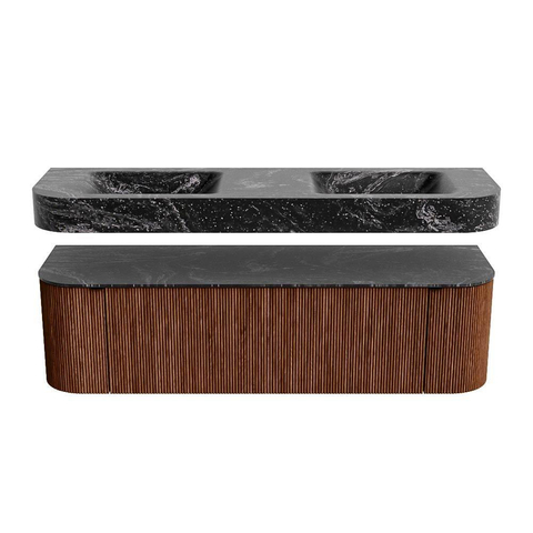 MONDIAZ THOR-DLUX 160cm meuble de salle de bains arrondi gauche + droite couleur Ruby avec 1 tiroir et 2 portes. Vasque suspendue CLOUD Double sans trou de robinet couleur Lava. SW1465172