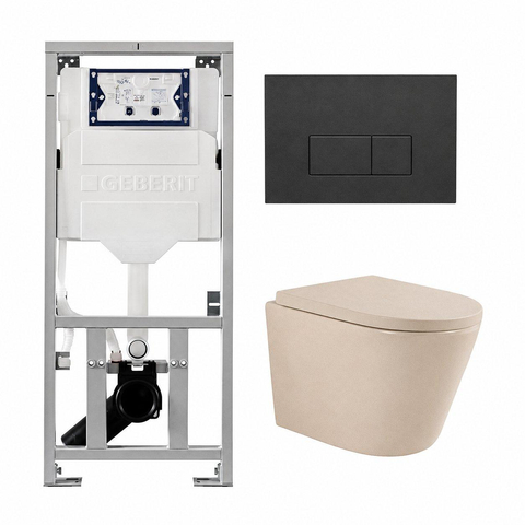 QeramiQ Dely Swirl Toiletset - 36.3x51.7cm - Geberit UP320 inbouwreservoir - met Burda frame - 35mm zitting - bedieningsplaat antraciet mat - rechthoekige knoppen - mat beige SW1164264