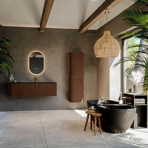 MONDIAZ KURVE Meuble de salle de bains 145 cm avec module 25 L couleur Walnut avec 1 tiroir et 1 porte. Lavabo BIG LARGE à droite 1 trou de robinet Urban. SW1138510