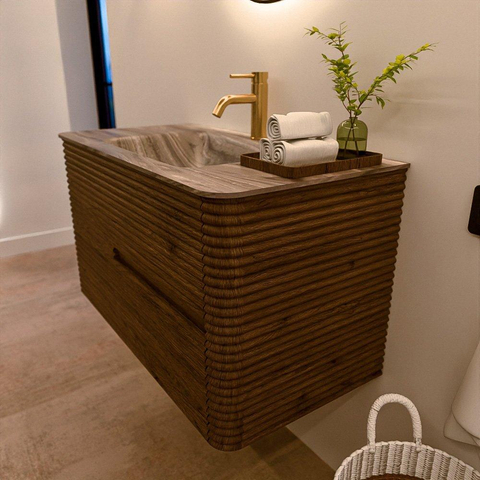 Mondiaz CIRO-DLUX Badkamermeubelset - 90x45x50cm - Solid surface wastafel Sombra - 1 wasbak Midden - 1 kraangat - 2 lades - Dusk SW1533375
