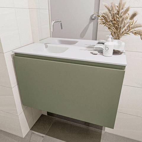 MONDIAZ OLAN Toiletmeubel 80x30x40cm met 0 kraangaten 1 lades army mat Wastafel Lex links Solid Surface Wit SW473310