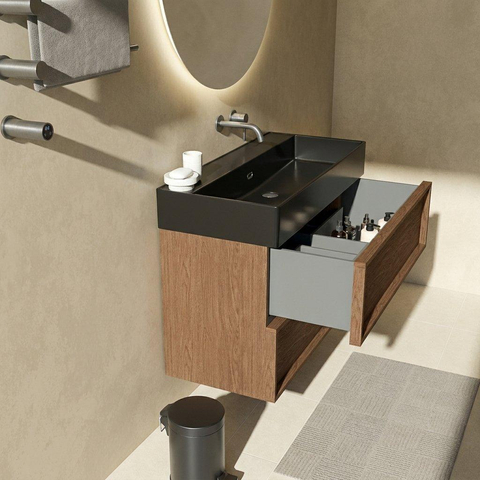 Saniclass Holz Frame Badkamermeubelset - 100x45x72cm - Legend keramische wastafel mat zwart - 1 wasbak - zonder kraangat - 2 lades - mat walnut pure (hout) SW1580093