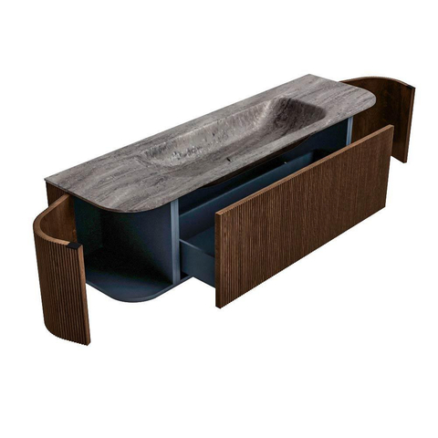MONDIAZ KURVE-DLUX Meuble de salle de bains 160cm arrondi à gauche + à droite couleur Walnut avec 1 tiroir et 2 portes. Plan-vasque BIG MEDIUM central sans trou de robinet Oza. SW1432444