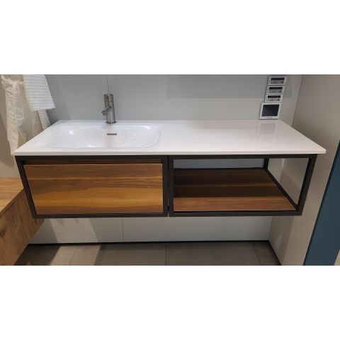 Ichoise badkamermeubelset met frame en zijkast walnoot. inclusief furiosa meubelwastafel wasbak links 1 kraangat finestone glanzend wit SHOWROOMMODEL