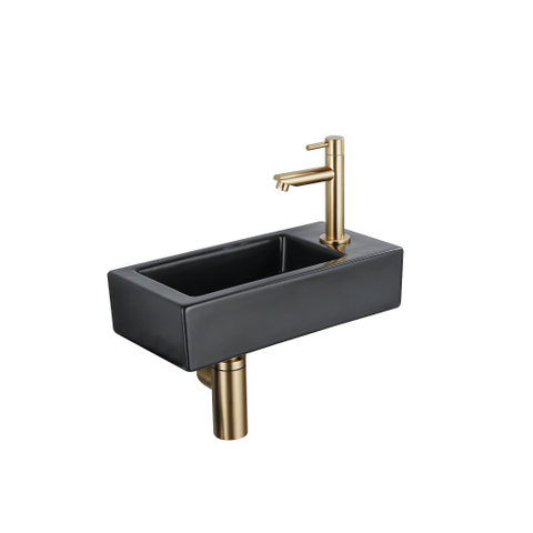QeramiQ Fuente pack lave-mains – 37,5 x 18,5 x 9 cm – céramique noir mat – perçage à droite – robinet doré brossé SW1232756