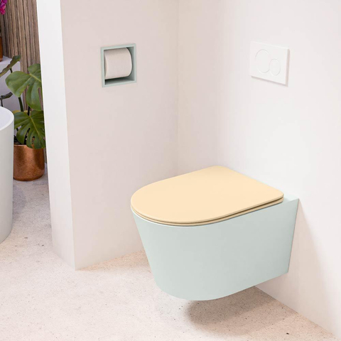 Mondiaz LAVIE hangtoilet – spoelrandloos – 36 x 53 cm – met softclose zitting – Greey (lichtgroen/grijs), zitting Sand (beige) SW1208770