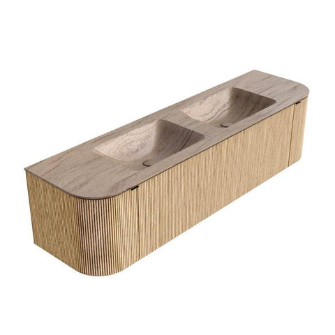 MONDIAZ KURVE-DLUX 170cm meuble de salle de bains arrondi Gauche + Droite couleur Chêne avec 1 tiroir et 2 portes. Lavabo LEAF Double 2 trous de robinet Saba. SW1433100