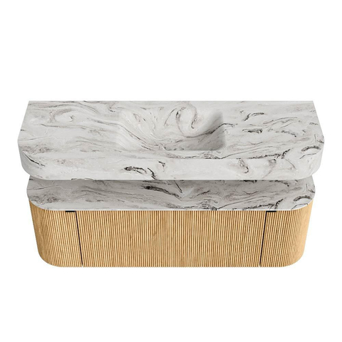 MONDIAZ THOR-DLUX 140cm badmeubel ronding links + rechts kleur Oak met 1 lade en 2 deuren. Vrijhangende wastafel CLOUD Midden zonder kraangat kleur Glace. SW1463926