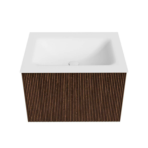 MONDIAZ KURVE meuble de salle de bains 60 cm couleur Walnut avec 1 tiroir. Lavabo CLOUD central 1 trou de robinet Talc. SW1138240