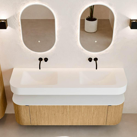 MONDIAZ THOR Meuble de salle de bains 160cm arrondi gauche + droite couleur Oak avec 1 tiroir et 2 portes. Vasque suspendue CLOUD Double sans trou de robinet couleur Talc. SW1412221