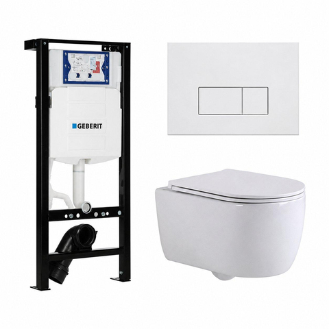 QeramiQ Dely Swirl Toiletset - 36.3x51.7cm - diepspoel - rimless - Geberit UP320 plieger inbouwreservoir - slim zitting - mat witte metalen bedieningsplaat - rechtehoekige knoppen - mat wit SW1413314