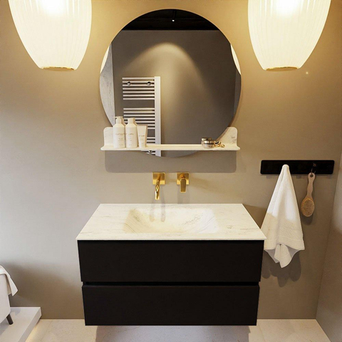MONDIAZ VICA-DLUX Ensemble meuble de salle de bains - 90cm - meuble bas Urban - 2 tiroirs - lavabo encastré Cloud central - sans trous de robinet - version haute 60cm - Opalo SW1088518