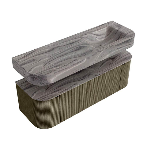 MONDIAZ THOR-DLUX 140cm meuble de salle de bains arrondi gauche + droite couleur Shadow avec 1 tiroir et 2 portes. Vasque suspendue CLOUD Droite 1 trou de robinet couleur Sombra. SW1464259