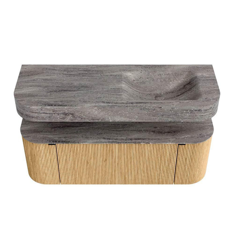 MONDIAZ THOR-DLUX 130cm meuble de salle de bains arrondi gauche + droite couleur Oak avec 1 tiroir et 2 portes. Vasque suspendue CLOUD Droite sans trou de robinet couleur Oza. SW1464004