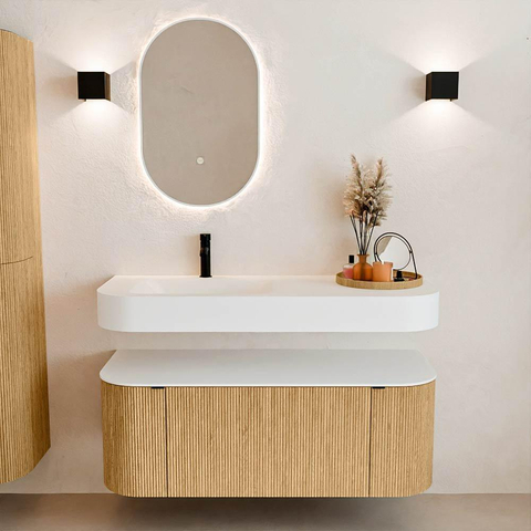 MONDIAZ THOR 120cm badmeubel ronding links + rechts kleur Oak met 1 lade en 2 deuren. Vrijhangende wastafel CLOUD Links 1 kraangat kleur Talc. SW1463048