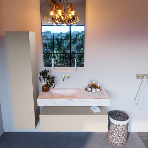 Mondiaz ALAN-DLUX Ensemble de meuble - 110cm - meuble Linen mat - 1 tiroir - Lavabo Cloud Ostra suspendu - vasque Gauche - 0 trous de robinet SW807186