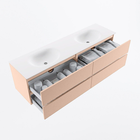 MONDIAZ Vica Ensemble meuble de salle de bains - 170cm - meuble bas rosee - 4 tiroirs - vasque moon double - 2 trous de robinet - version haute 60cm - talc SW1080406