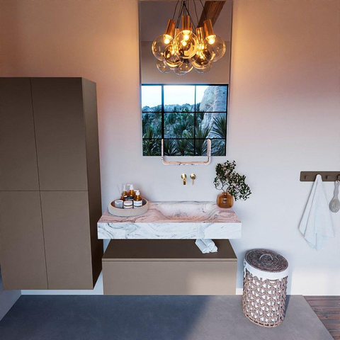 Mondiaz ALAN-DLUX Ensemble de meuble - 100cm - meuble Smoke mat - 1 tiroir - Lavabo Cloud Glace suspendu - vasque Droite - 0 trous de robinet SW805738