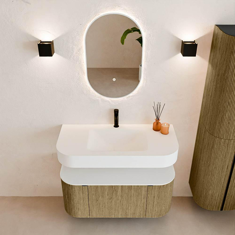 MONDIAZ THOR 100cm meuble de salle de bains arrondi gauche + droite couleur Dusk avec 1 tiroir et 2 portes. Vasque suspendue CLOUD Milieu 1 trou de robinet couleur Talc. SW1467393