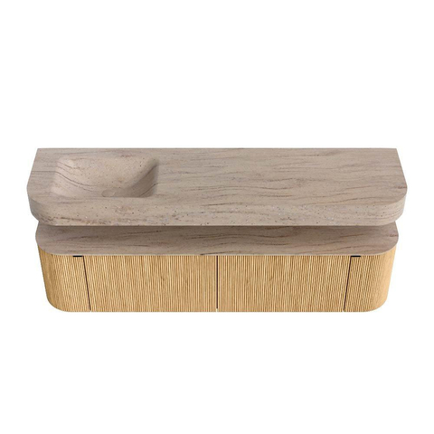 MONDIAZ THOR-DLUX 180cm badmeubel ronding links + rechts kleur Oak met 2 lades en 2 deuren. Vrijhangende wastafel CLOUD Links zonder kraangat kleur Saba. SW1466311