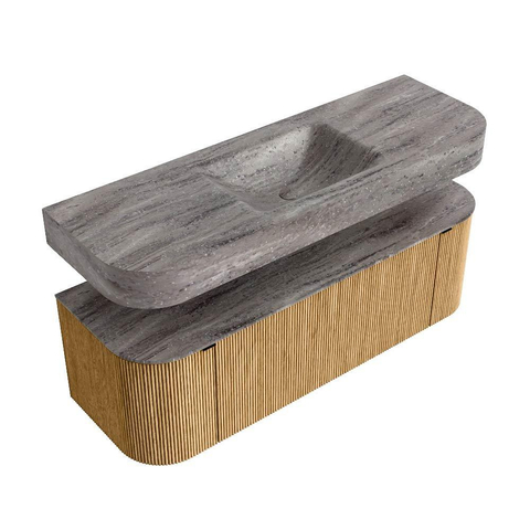 MONDIAZ THOR-DLUX Meuble de salle de bains 140cm arrondi gauche + droite couleur Oak avec 1 tiroir et 2 portes. Vasque suspendue CLOUD Centre sans trou de robinet couleur Oza. SW1464237