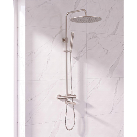 Fortifura Calvi Ensemble de douche pluie - thermostatique - douche de tête 30cm - flexible métallique - douchette bâton - bec de baignoire pivotant - Inox brossé PVD SW1592487