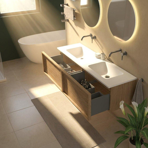 Saniclass Holz Frame Badkamermeubelset - 160x45x57.5cm - Torino solid surface wastafel wit - zonder kraangat - 2 lades - mat eiken natural (hout) SW1478689