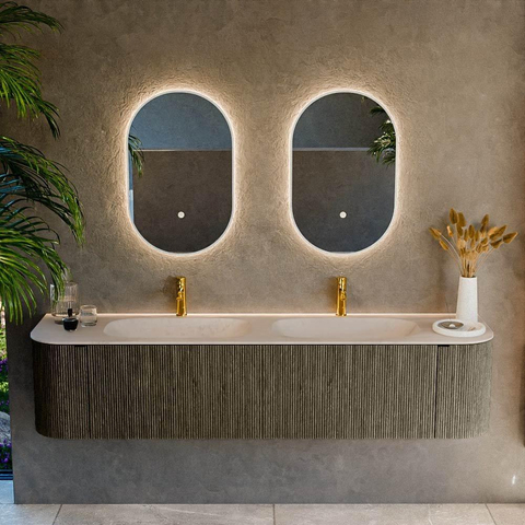 MONDIAZ KURVE-DLUX Meuble de salle de bains 190cm arrondi Gauche + Droite couleur Shadow avec 2 tiroirs et 2 portes. Lavabo STOR SMALL Double 2 trous de robinet Meli. SW1431846