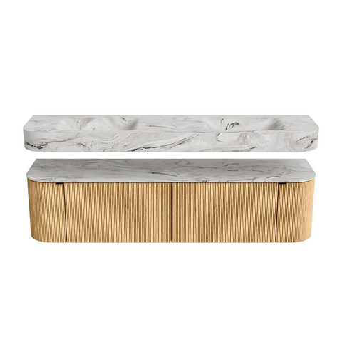 MONDIAZ THOR-DLUX 180cm meuble de salle de bains arrondi gauche + droite couleur Oak avec 2 tiroirs et 2 portes. Vasque suspendue CLOUD Double 2 trous de robinet couleur Glace. SW1465895