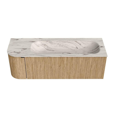 MONDIAZ KURVE-DLUX Meuble de salle de bains 135cm courbe à gauche couleur Oak avec 1 tiroir et 1 porte. Lavabo BIG MEDIUM à droite sans trou de robinet Nata. SW1432116