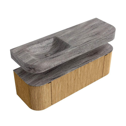 MONDIAZ THOR-DLUX 140cm meuble de salle de bains arrondi gauche + droite couleur Oak avec 1 tiroir et 2 portes. Vasque suspendue CLOUD Gauche 1 trou de robinet couleur Oza. SW1464292