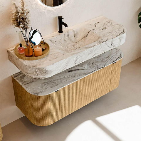 MONDIAZ THOR-DLUX 120cm badmeubel ronding links + rechts kleur Oak met 1 lade en 2 deuren. Vrijhangende wastafel CLOUD Midden 1 kraangat kleur Glace. SW1463055