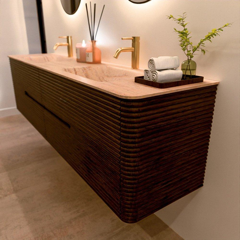 Mondiaz CIRO-DLUX Badkamermeubelset - 190x45x50cm - Solid surface wastafel Saba - 2 wasbak Dubbel - 2 kraangaten - 4 lades - Walnut SW1530745