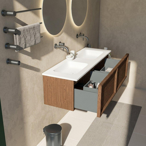 Saniclass Holz Frame Ensemble de meubles de salle de bains - 140x45x57.5cm - lavabo Torino en solid surface blanc - sans trou de robinetterie - 2 tiroirs - noyer pure mat (bois) SW1478680