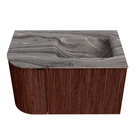 MONDIAZ KURVE-DLUX meuble de salle de bain 75cm arrondi à gauche couleur Ruby avec 1 tiroir et 1 porte. Lavabo GRUNNE à droite sans trou de robinetterie Sombra. SW1433916